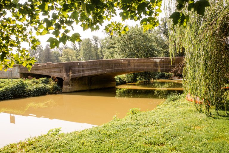 Concrete overpass that spans over a brown river surrounded by green grass, lush trees, and overcast skies.