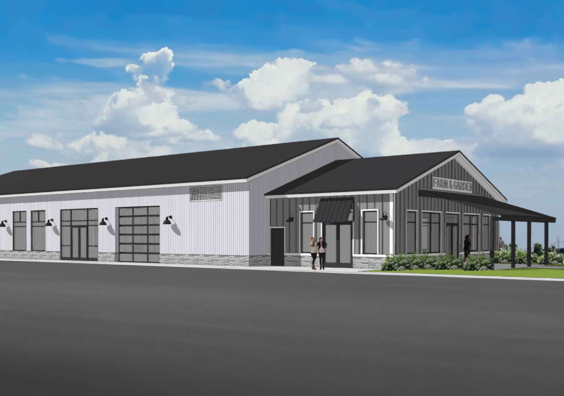 timonium-farm-and-garden-building-press-release A rendering of a building with a large garage, patio, and sign saying "Farm and Garden".