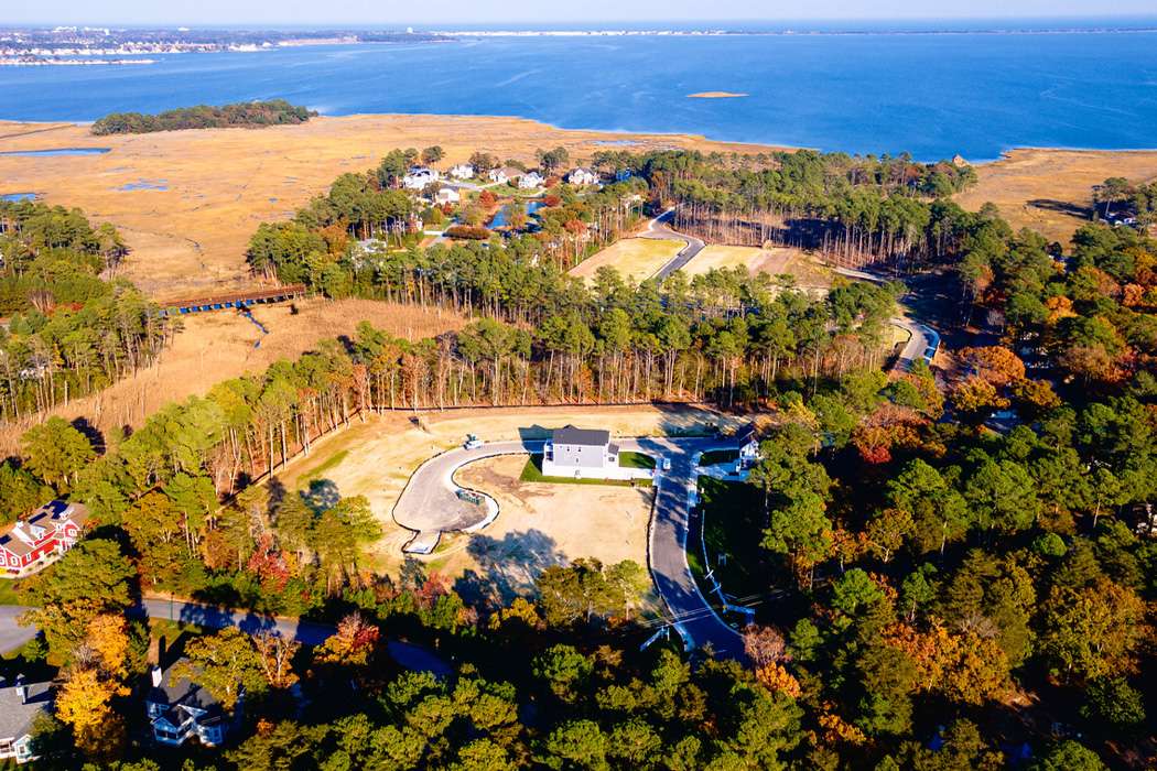 An aerial view showcases a scenic landscape with a mix of water, grassy wetlands, and dense forests dotted with residential areas.